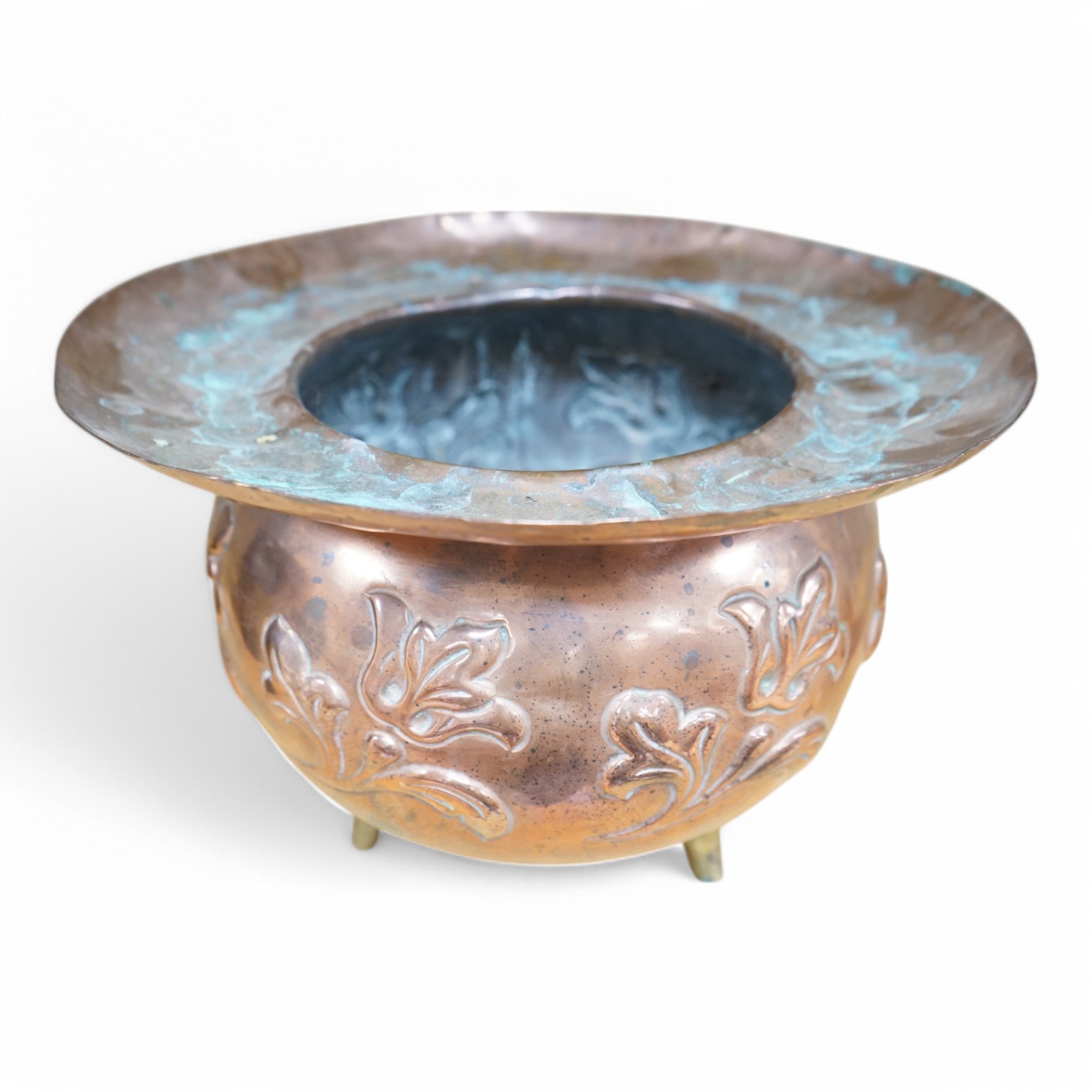 A Benham & Froud copper and brass jardiniere designed by Christopher Dresser, height 15.5cm, width 25.5cm. Condition - Verdigris around the rim, some oxidisation spotting and minor dents